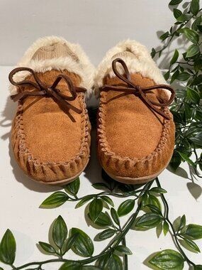 J.Crew Womens Faux Fur Lined Moccasin Slippers Size10 Suede Tan&Cream Rubber Sol